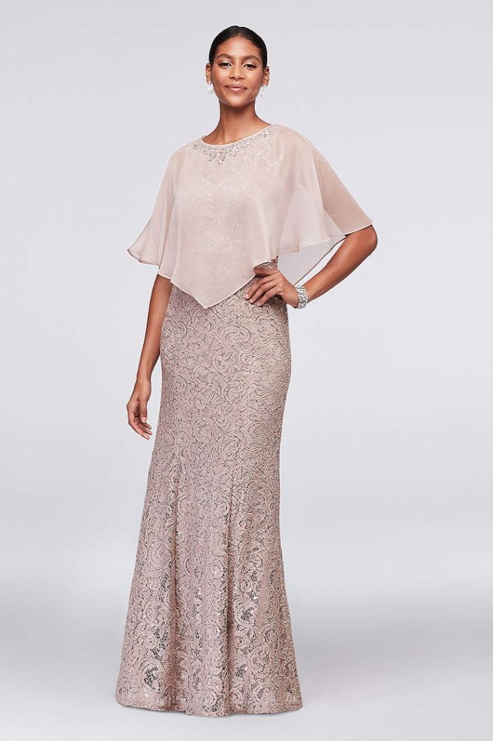 casual mother of the bride dresses, chiffon top, champagne lace, black hair, in a low updo