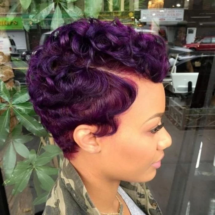 purple hair, pixie cut, cute short haircuts for women, navy jacket
