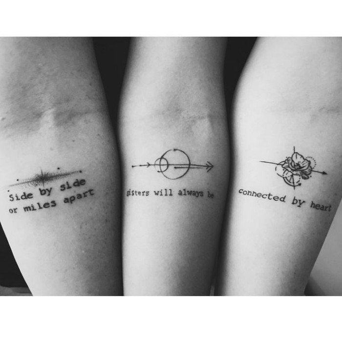 side by side or miles apart, sisters will always be, connected by heart, forearm tattoos, best friend tattoos quotes
