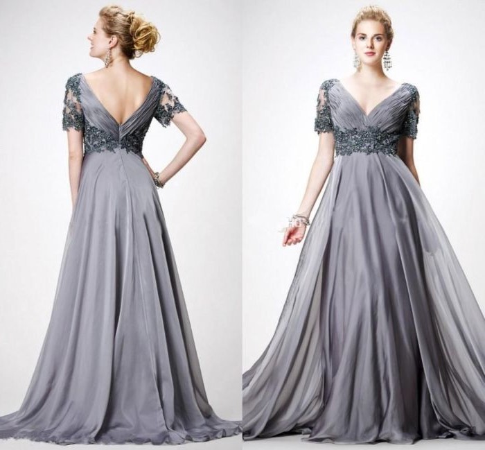 side by side photos, casual mother of the bride dresses, grey chiffon, v neckline, blonde hair, in a low updo