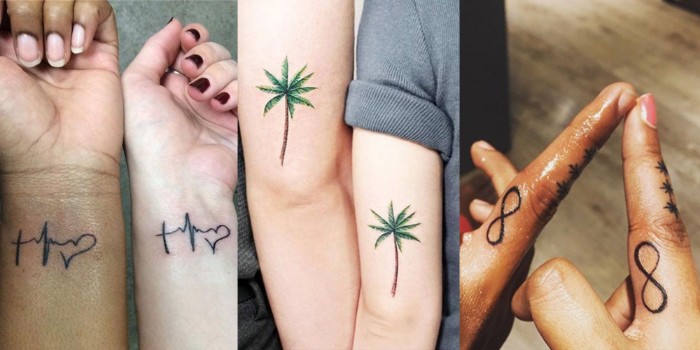 side by side photos, heartbeat wrist tattoos, palm trees, infinity symbols, best friend tattoos quotes