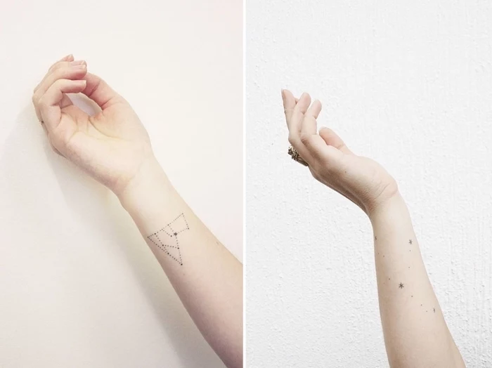 side by side photos, stars and constellation, forearm tattoos, best place to get a tattoo