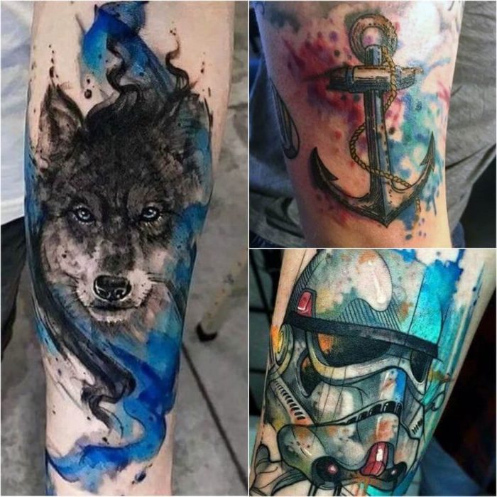 star wars inspired, stormtrooper tattoo, anchor and wolf, watercolor tree tattoo, photo collage, side by side photos