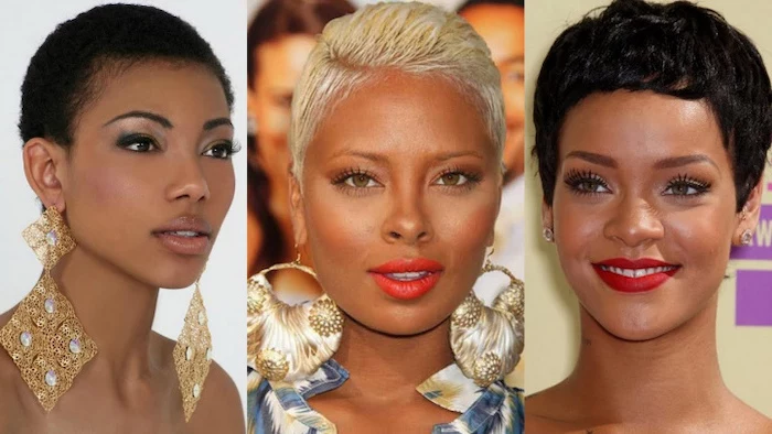 side by side photos, three different hairstyles, short bob hairstyles for black women, large earrings