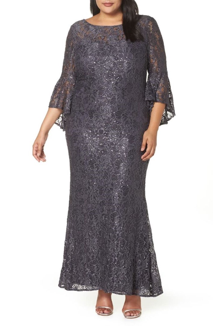 dark grey, lace dress, quarter sleeves, lace mother of the bride dresses, silver sandals, black hair