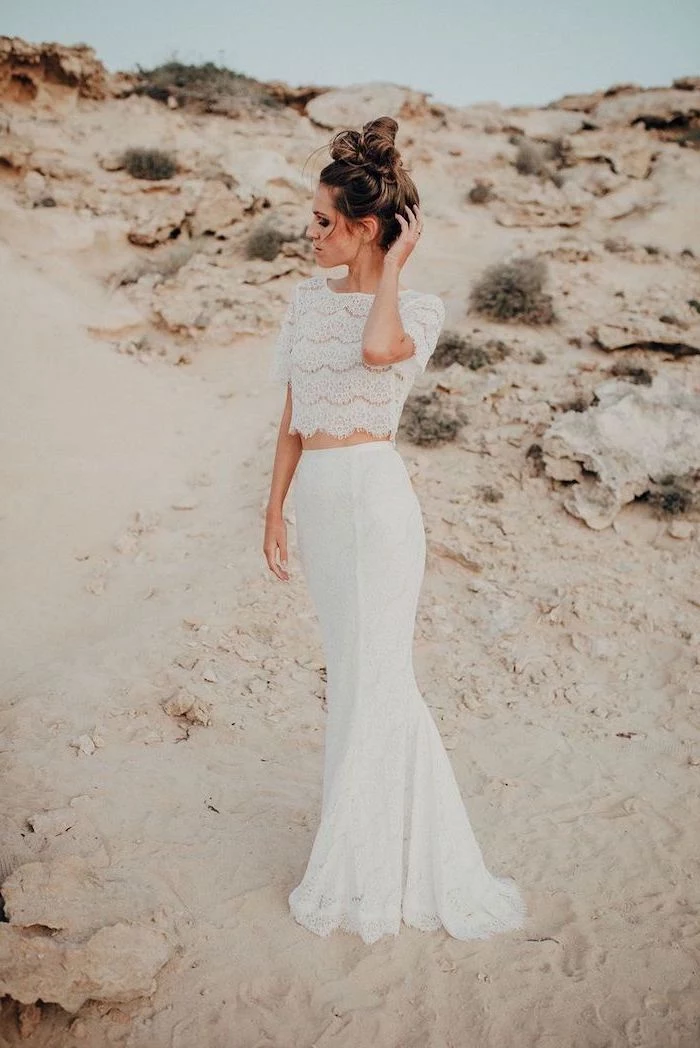 brown hair, in a messy bun, maxi dress for beach wedding, two piece dress, lace top, lace skirt