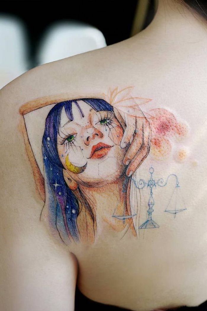 libra star sign, female face, shoulder tattoo, delicate female tattoos, watercolour tattoo