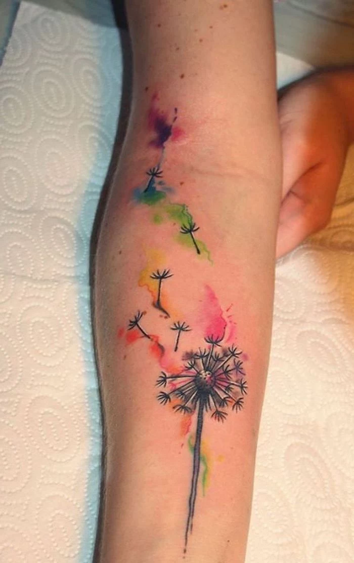 dandelion seeds, forearm tattoo, watercolor tree tattoo, white paper