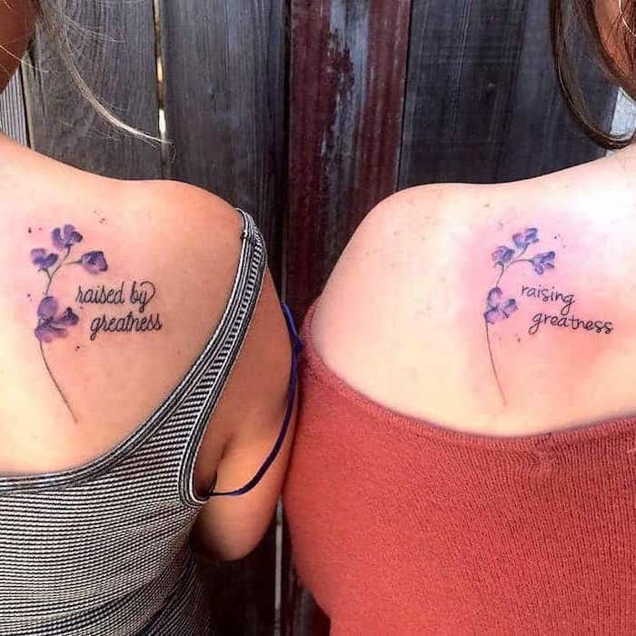 raised by greatness, raising greatness, purple flowers, daughter tattoo ideas, shoulder tattoos