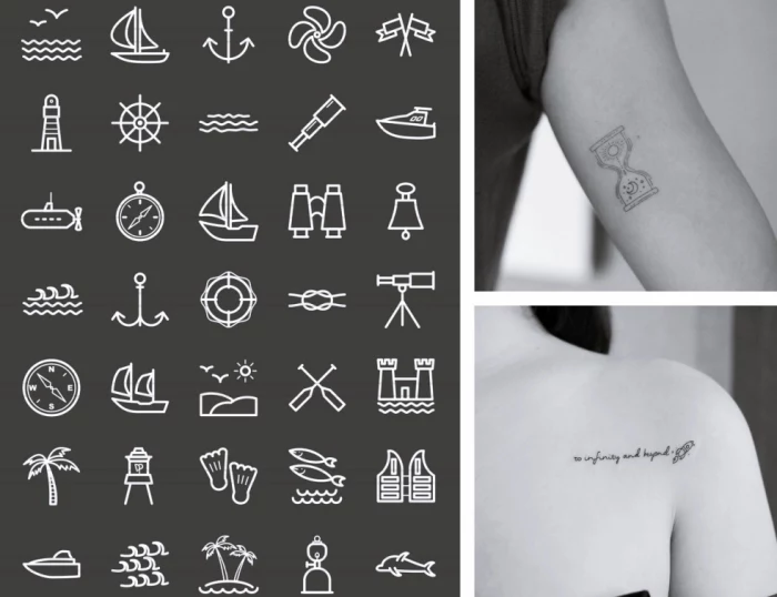 different symbols, discreet tattoo, hourglass tattoo, to infinity and beyond, shoulder tattoo, photo collage