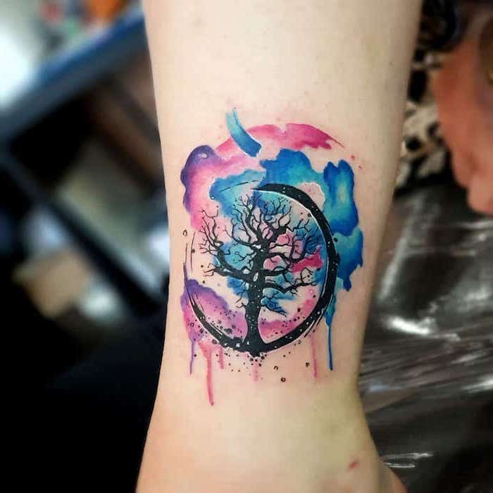 tree of life, watercolour wrist tattoo, delicate female tattoos