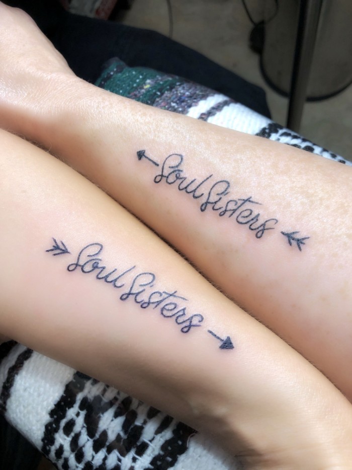 cute best friend tattoos, soul sisters, arrows on each side, forearm tattoos, black and white printed pillow