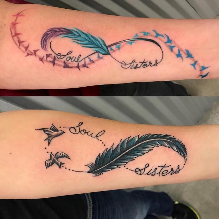 soul sisters, friendship tattoos, watercolour feathers and birds, forearm tattoos