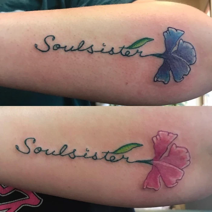 soul sister, pink and blue flowers, back of arm tattoo, cute best friend tattoos