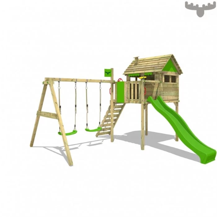 green slide, two swings, wooden ladder, small tree like house, climbing frame