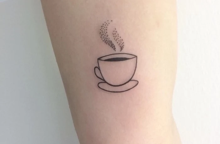 steaming coffee, inside arm tattoo, small tattoo placement, white background