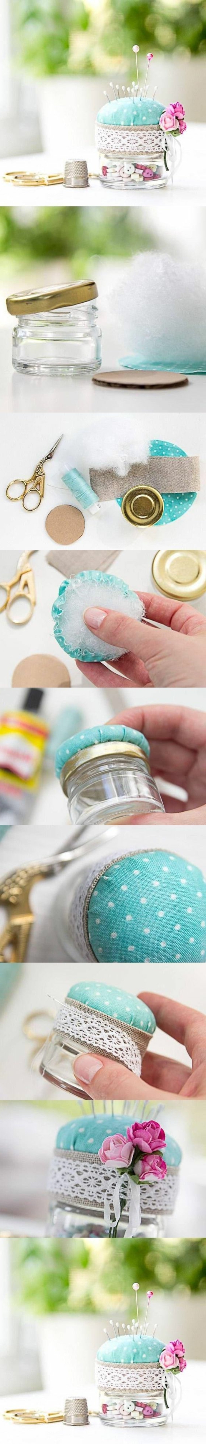 diy tutorial, step by step, fun easy crafts, pins and needles pillow, small jar