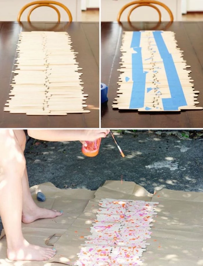 step by step, diy tutorial, popsicle sticks, table runner, birthday themes, sprayed with paint