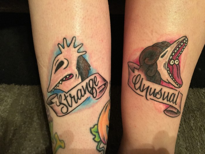 strange and unusual, leg tattoos, cute matching tattoos, coloured tattoo