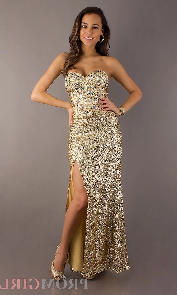 strapless gold dress, gold bridesmaid dresses long, brown wavy hair, gold open toe shoes