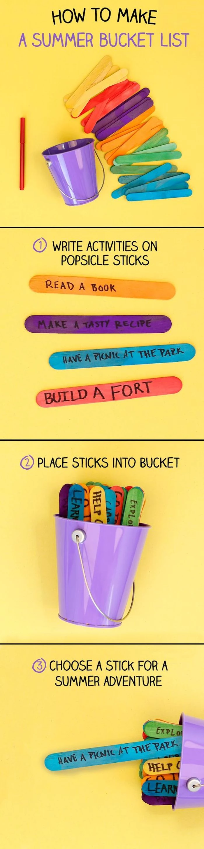 how to make a summer bucket list, diy things to do when bored, popsicle sticks, metal purple bucket