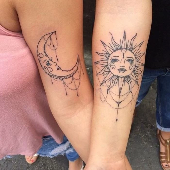 sun and moon, cute matching tattoos, inside arm tattoo, forearm tattoo, pink top
