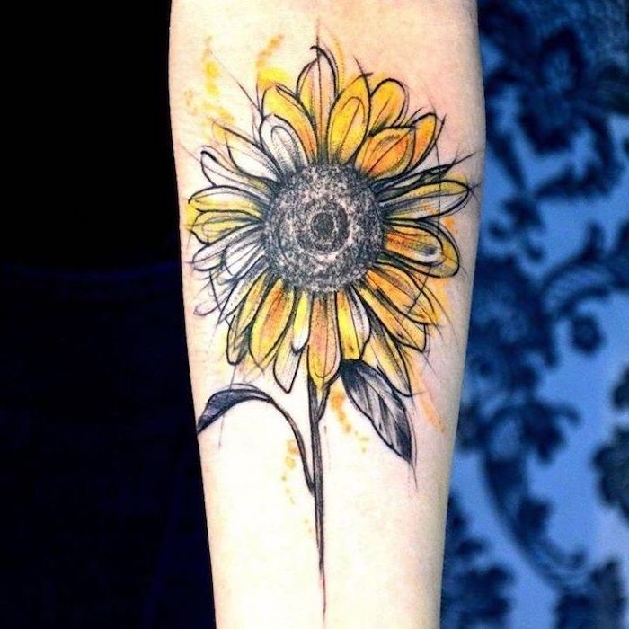 yellow sunflower, forearm tattoo, watercolor tree tattoo, blue background