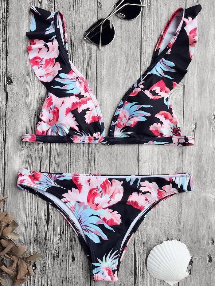 floral print, swimsuits for teen girls, two piece, wooden background
