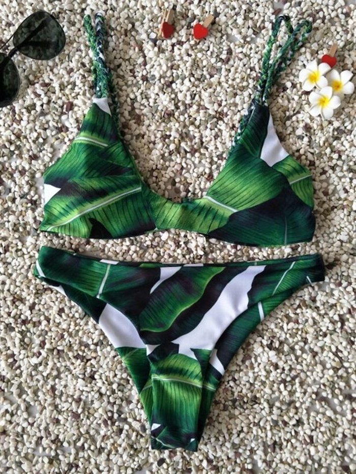 green palm leaves print, two piece, braided straps, swimsuits for teen girls, small rocks