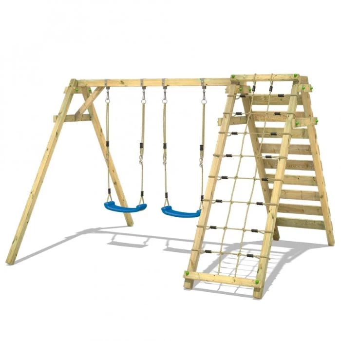 climbing ropes, wooden ladder, wooden swing set, two blue swings