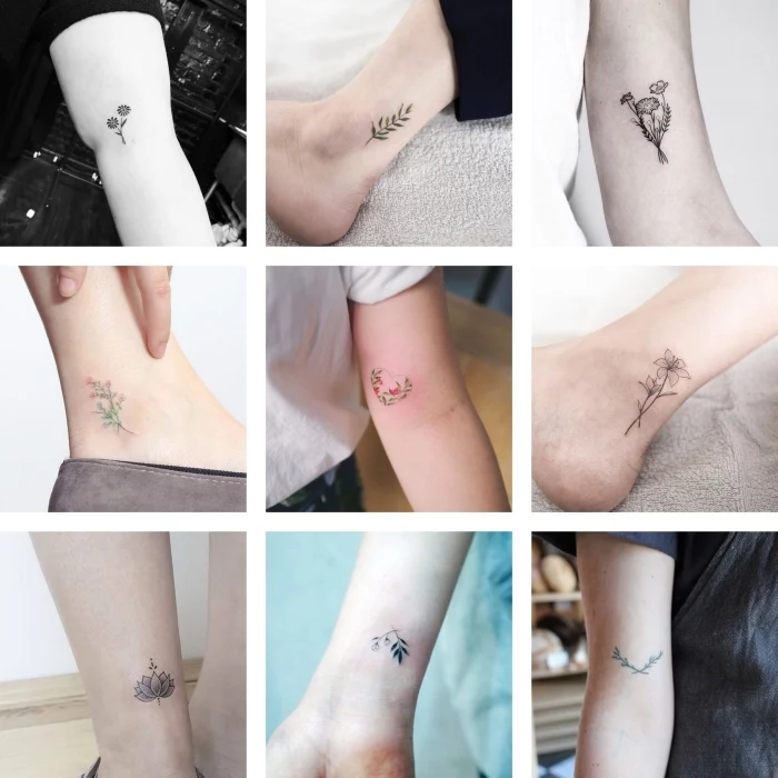 photo collage, floral tattoos, small tattoo placement, ankle and forearm tattoos