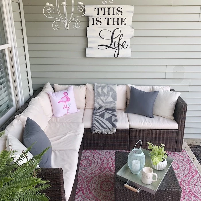 wooden furniture, white cushions, pink flamingo, throw pillow, front porch furniture ideas, this is the life board
