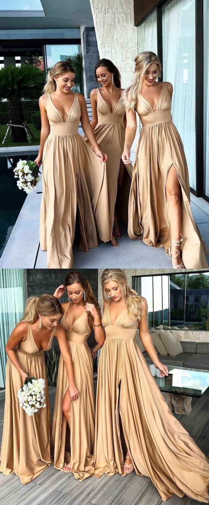 three women, wearing satin dresses, plunging v necklines, with slits, long sleeve bridesmaid dresses