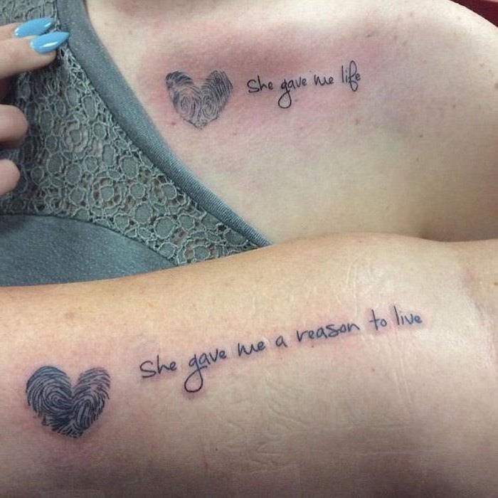 she gave me life, she gave me a reason to live, thumbprint heart, meaningful mother daughter tattoo ideas