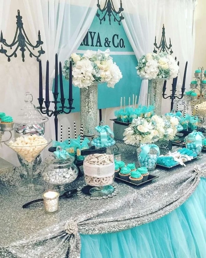 tiffany & co theme, blue and silver, good places to have a birthday party, cupcakes and cake pops, flower bouquets