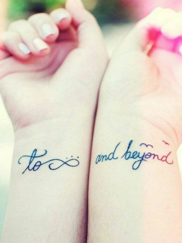 to infinity and beyond, wrist tattoos, infinity symbol, friendship tattoos designs, side by side arms