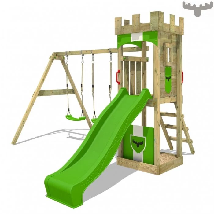 white background, long green slide, two swings, wooden ladder, climbing frame