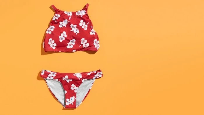 yellow background, red with white flowers print, two piece, bikinis for girls