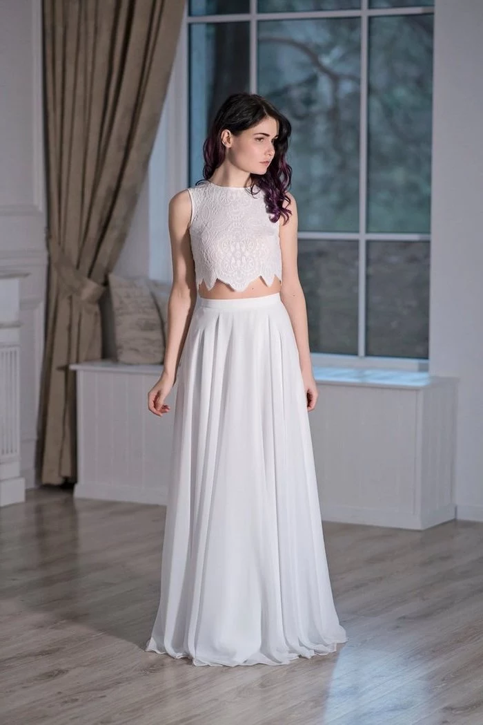 two piece dress, lace top, chiffon skirt, destination wedding dresses, black wavy hair