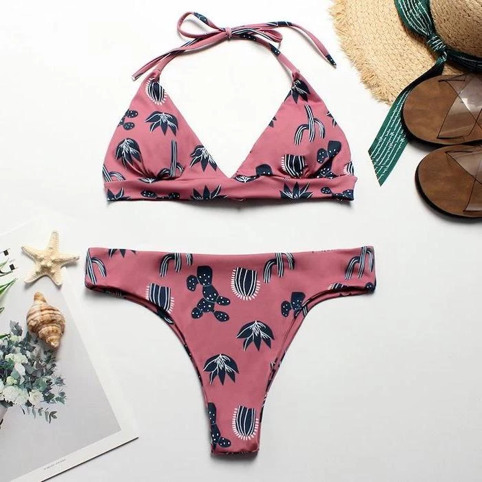 dark pink, black cactuses print, two piece, cute swimsuits for girls, white background, flip flops and hat