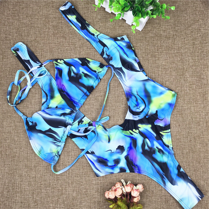 pineapple bathing suit, dye print, in blue yellow and black, two piece