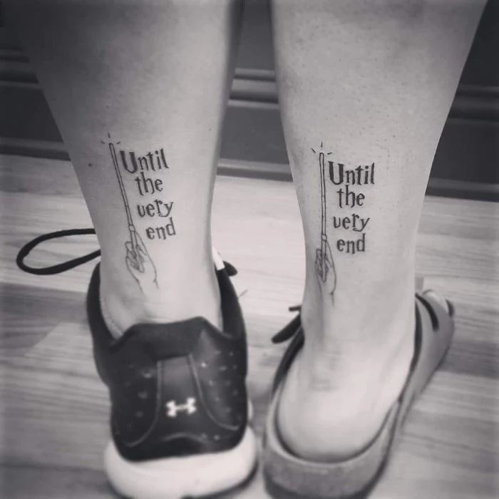 until the very end, magical wand, harry potted inspred, back of leg tattoos, friendship tattoos designs