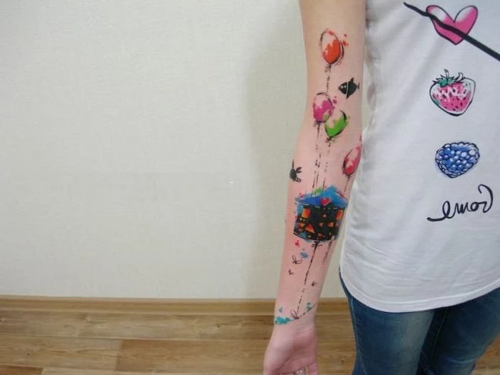 up movie, disney inspired, forearm tattoo, watercolor tree tattoo, colorful balloons
