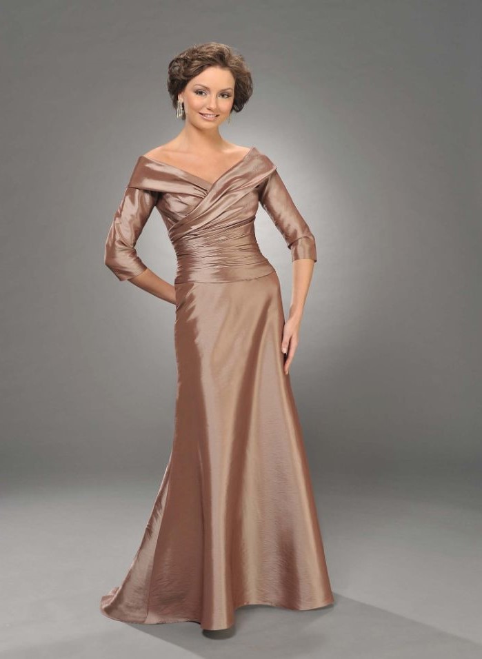 mother of the bride suits, champagne satin dress, v neckline, quarter sleeves, brown hair, in a low updo