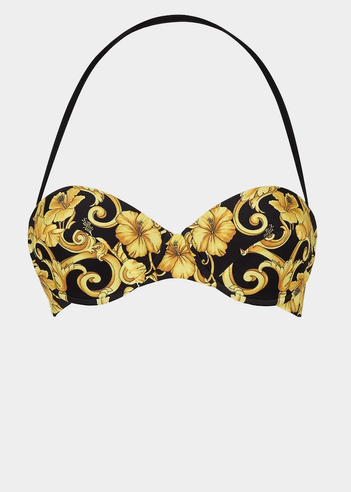 versace top, in black and gold, floral print, girls tankini, white background