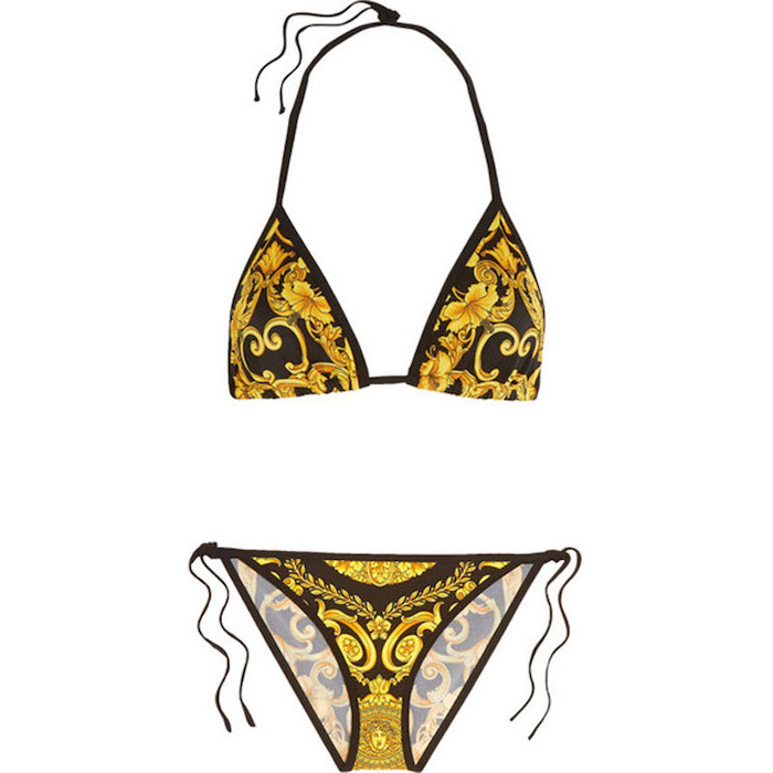 versace two piece, in gold and black, floral print, white background, girls tankini