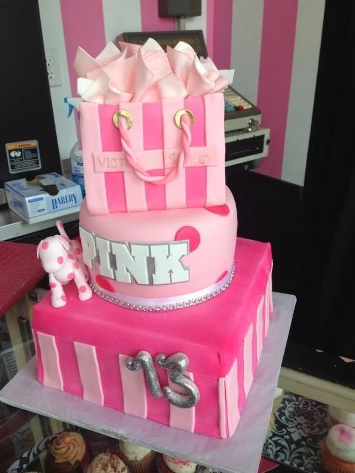 teen birthday ideas, victoria's secret and pink, three tier cake