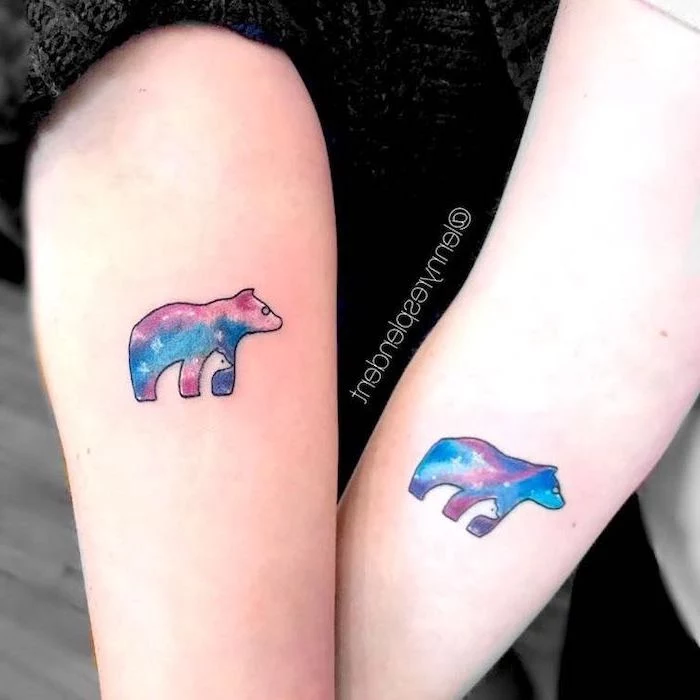 watercolor bears, meaningful mother daughter tattoo ideas, forearm tattoos