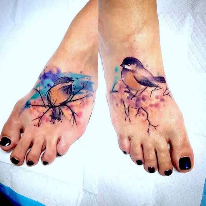 watercolor birds, meaningful mother daughter tattoo ideas, leg tattoos, black nail polish