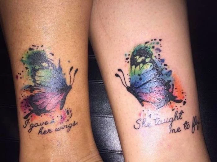 watercolor butterfly, meaningful mother daughter tattoo ideas, ankle tattoos